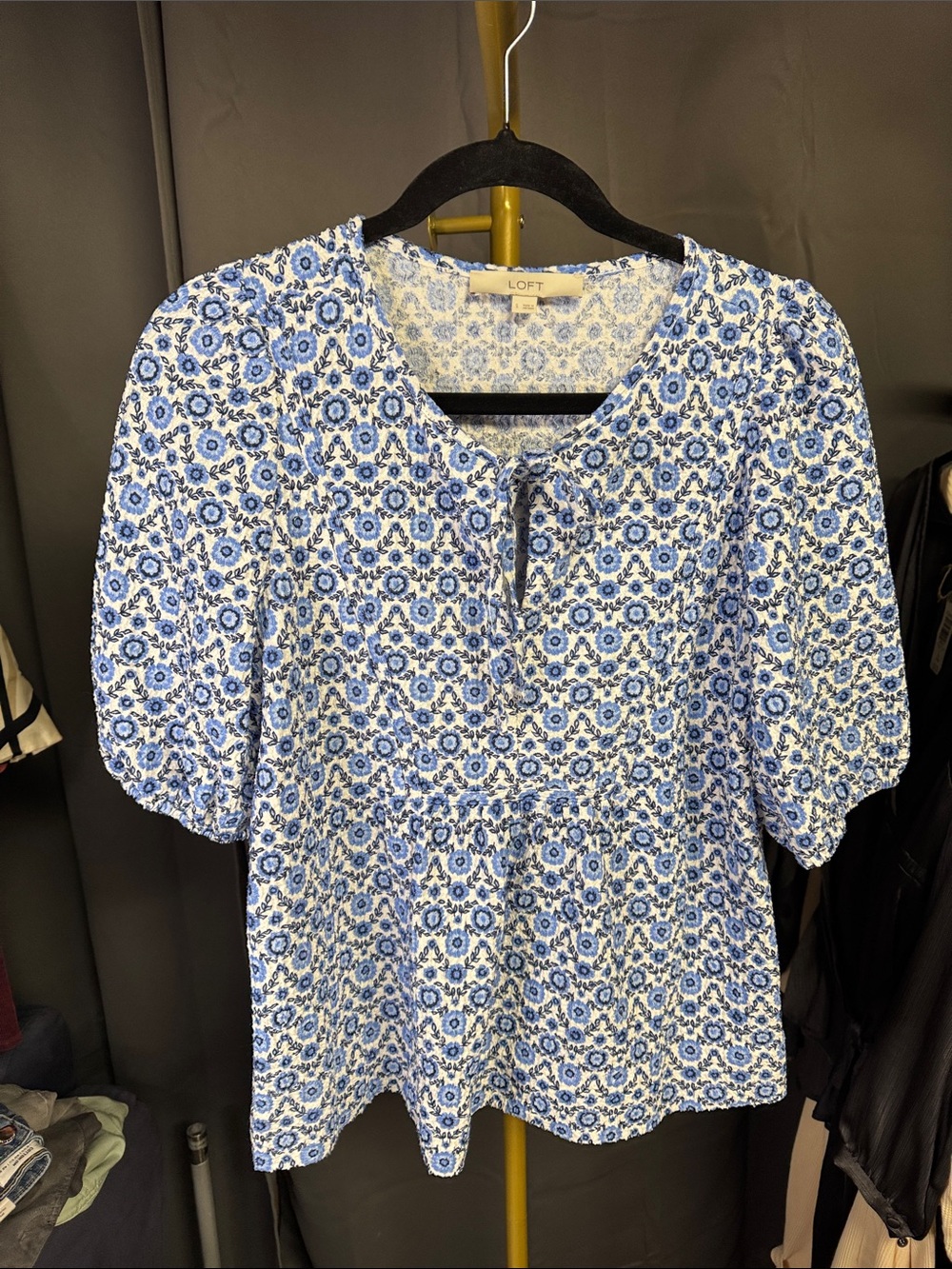 LOFT White and Blue Floral Tie-Neck Peasant Blouse